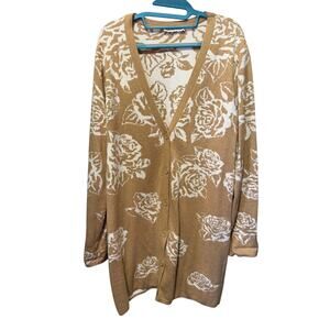 Isaac Mizrahi Live Tan and White Floral Print Button Down Long Length Cardigan